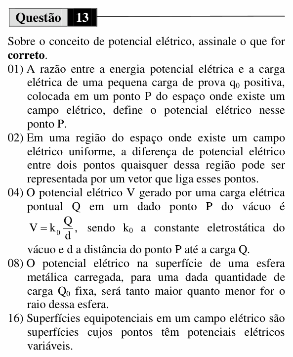 Enunciado da questão 13 de Física do UEM 2012 (Inverno, Conhecimentos Específicos)