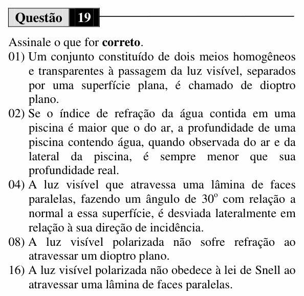 Enunciado da questão 19 de Física do UEM 2012 (Inverno, Conhecimentos Específicos)