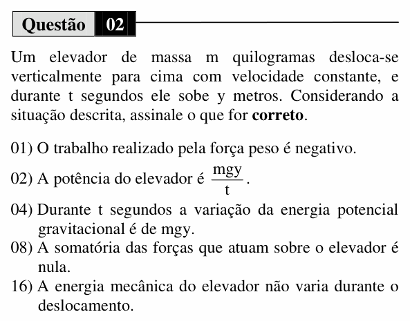 Enunciado da questão 2 de Física do UEM 2012 (Inverno, Conhecimentos Específicos)