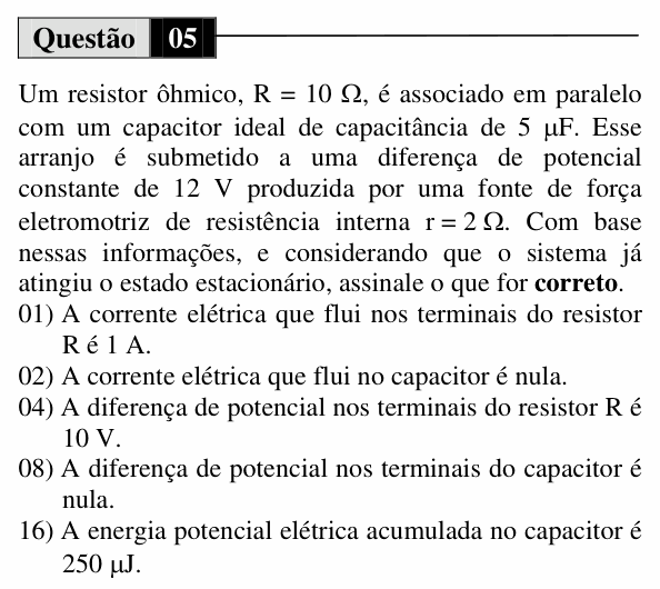 Enunciado da questão 5 de Física do UEM 2012 (Inverno, Conhecimentos Específicos)
