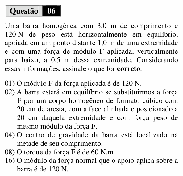 Enunciado da questão 6 de Física do UEM 2012 (Inverno, Conhecimentos Específicos)