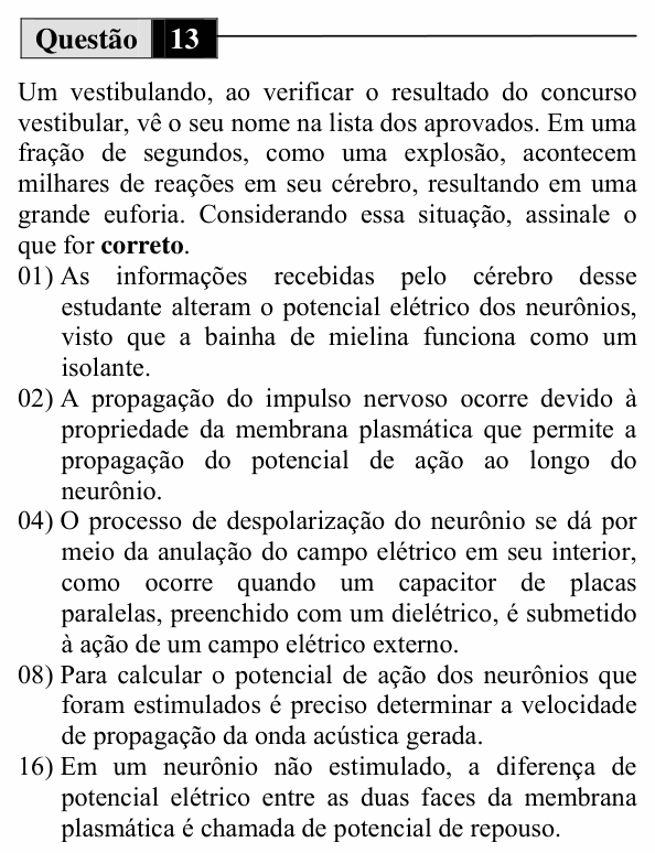 Enunciado da questão 13 de Física do UEM 2012 (Inverno)