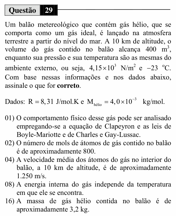 Enunciado da questão 29 de Física do UEM 2012 (Inverno)