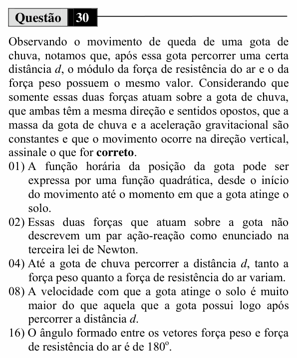 Enunciado da questão 30 de Física do UEM 2012 (Inverno)
