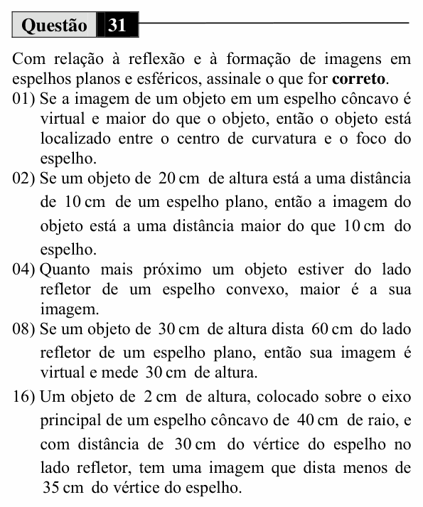 Enunciado da questão 31 de Física do UEM 2012 (Inverno)