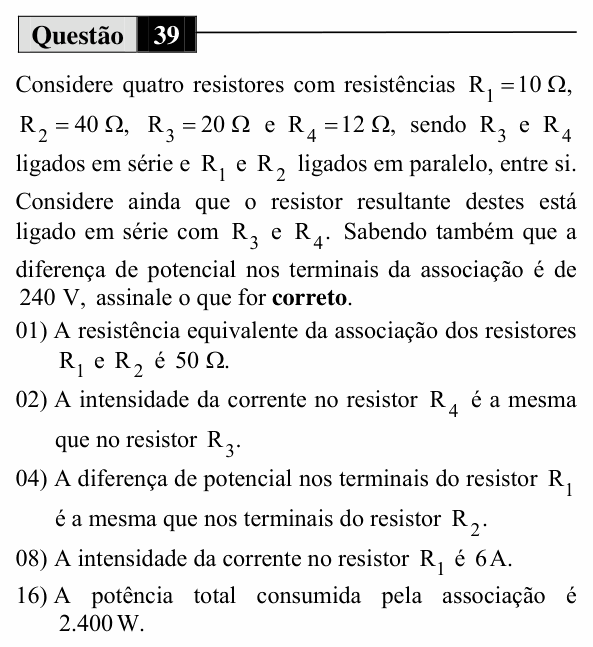 Enunciado da questão 39 de Física do UEM 2012 (Inverno)
