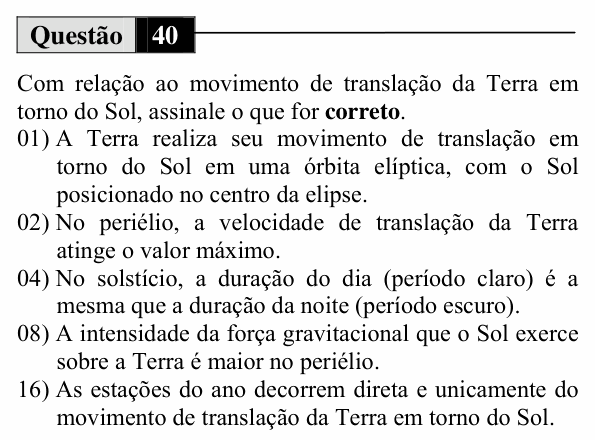 Enunciado da questão 40 de Física do UEM 2012 (Inverno)