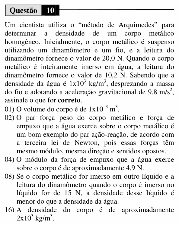 Enunciado da questão 10 de Física do UEM 2013 (Inverno, Conhecimentos Específicos)