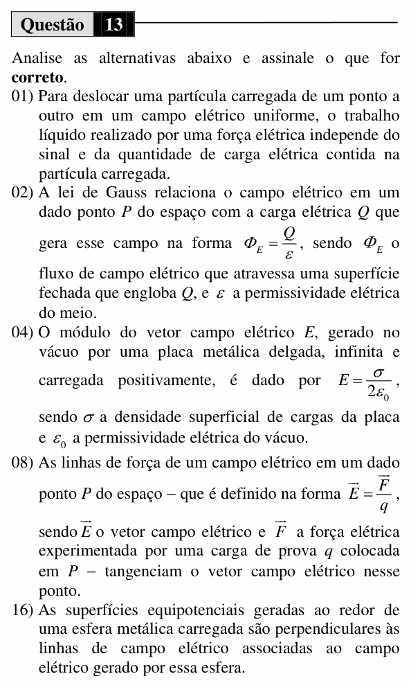 Enunciado da questão 13 de Física do UEM 2013 (Inverno, Conhecimentos Específicos)