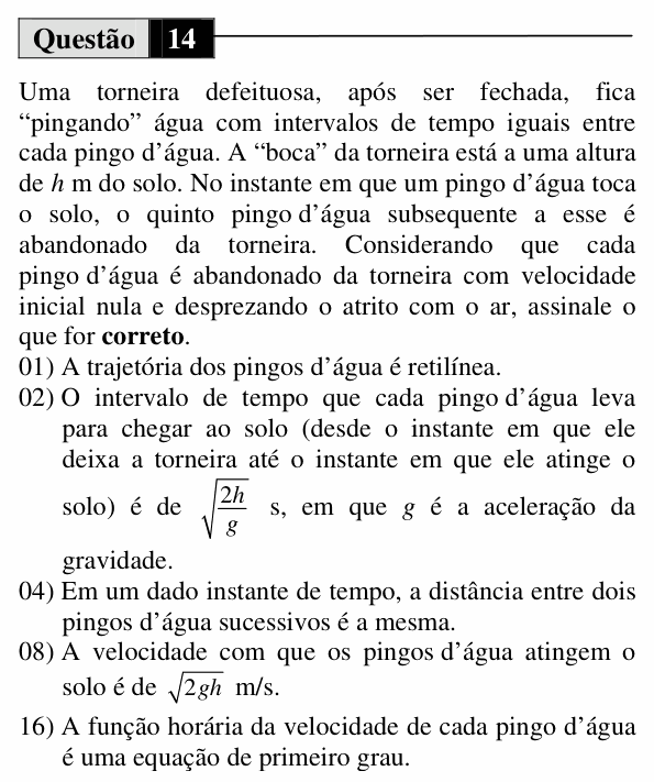Enunciado da questão 14 de Física do UEM 2013 (Inverno, Conhecimentos Específicos)