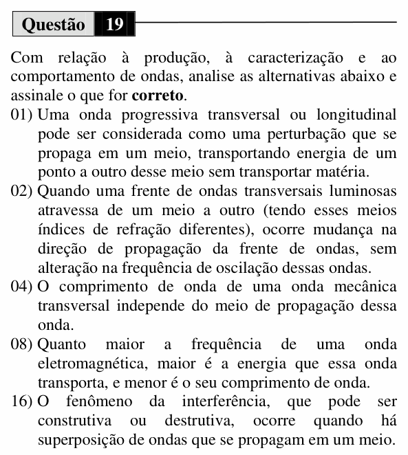 Enunciado da questão 19 de Física do UEM 2013 (Inverno, Conhecimentos Específicos)
