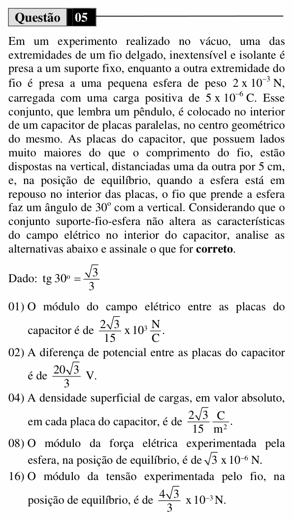 Enunciado da questão 5 de Física do UEM 2013 (Inverno, Conhecimentos Específicos)