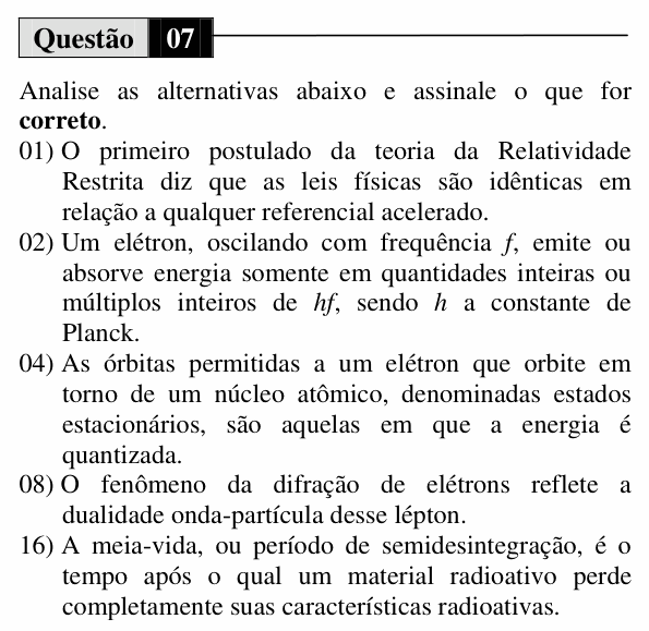 Enunciado da questão 7 de Física do UEM 2013 (Inverno, Conhecimentos Específicos)