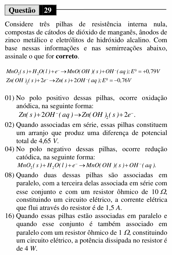 Enunciado da questão 29 de Física do UEM 2013 (Inverno)