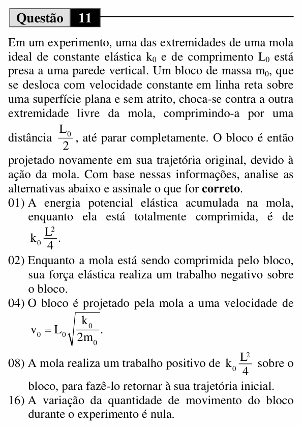 Enunciado da questão 11 de Física do UEM 2013 (Verão, Conhecimentos Específicos)