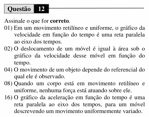 Enunciado da questão 12 de Física do UEM 2013 (Verão, Conhecimentos Específicos)