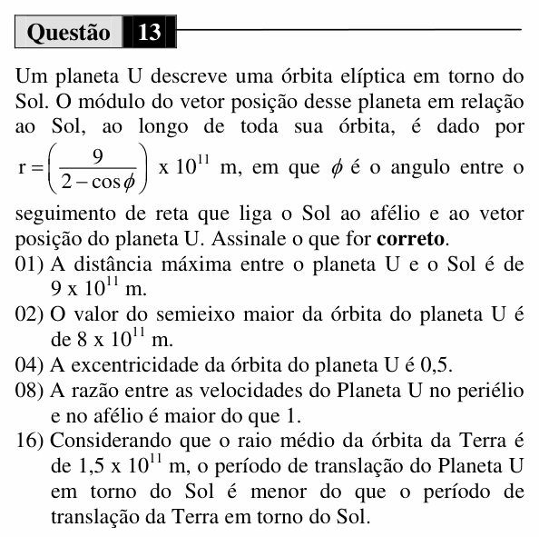 Enunciado da questão 13 de Física do UEM 2013 (Verão, Conhecimentos Específicos)