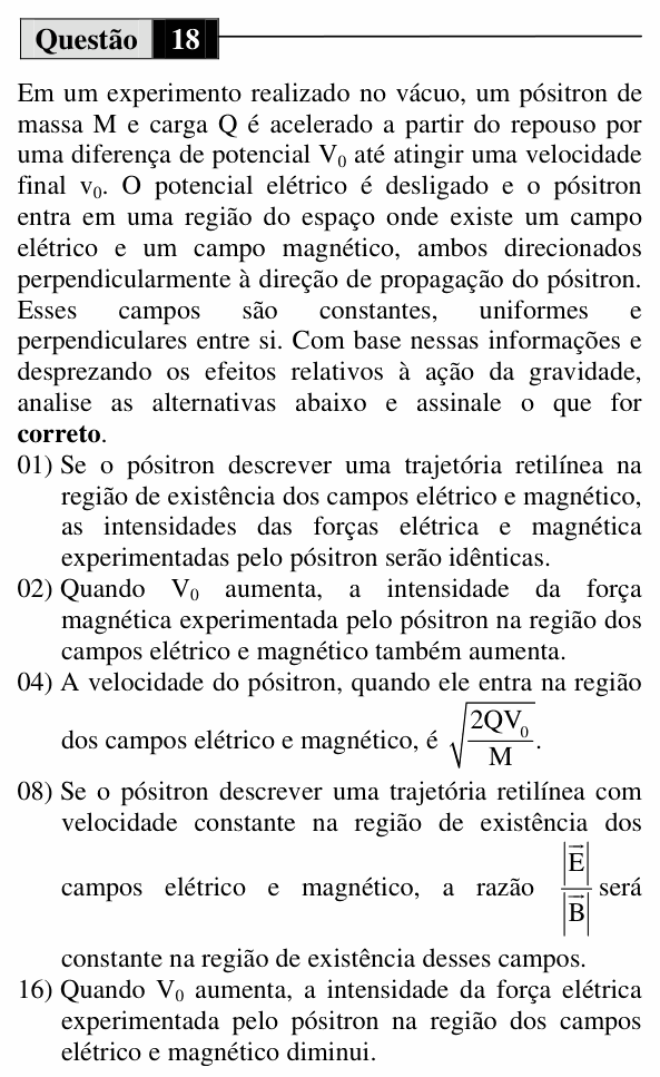 Enunciado da questão 18 de Física do UEM 2013 (Verão, Conhecimentos Específicos)