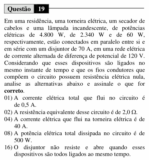 Enunciado da questão 19 de Física do UEM 2013 (Verão, Conhecimentos Específicos)
