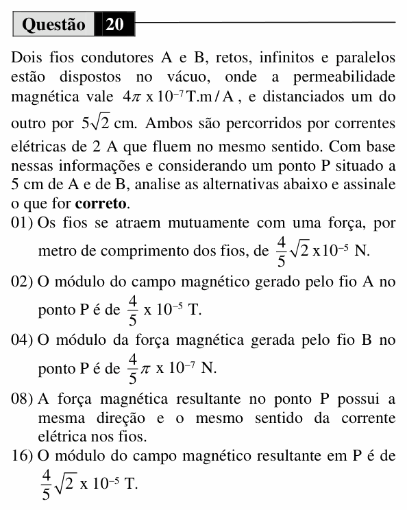 Enunciado da questão 20 de Física do UEM 2013 (Verão, Conhecimentos Específicos)
