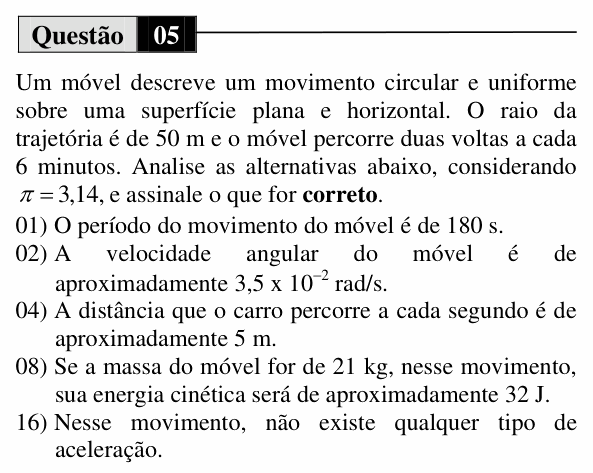 Enunciado da questão 5 de Física do UEM 2013 (Verão, Conhecimentos Específicos)