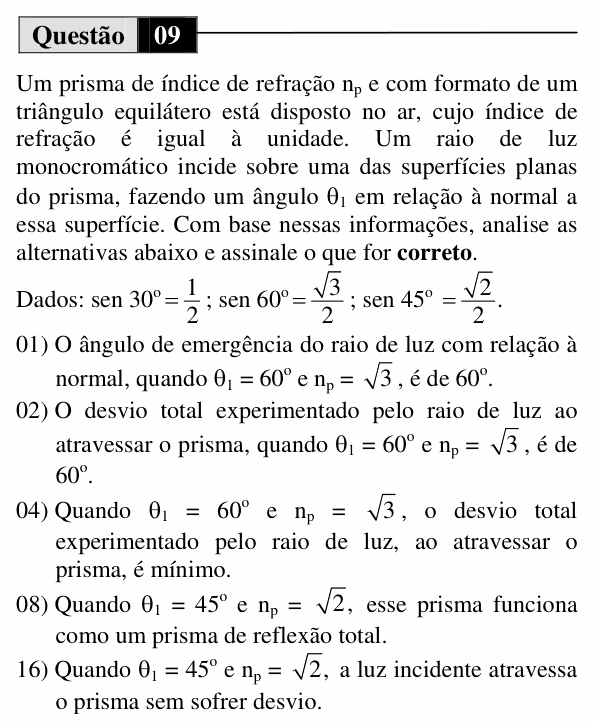 Enunciado da questão 9 de Física do UEM 2013 (Verão, Conhecimentos Específicos)