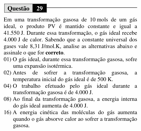 Enunciado da questão 29 de Física do UEM 2013 (Verão)