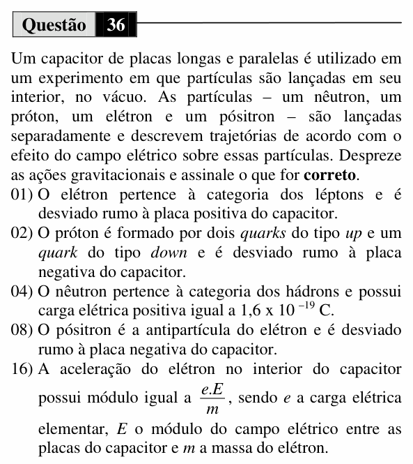 Enunciado da questão 36 de Física do UEM 2013 (Verão)