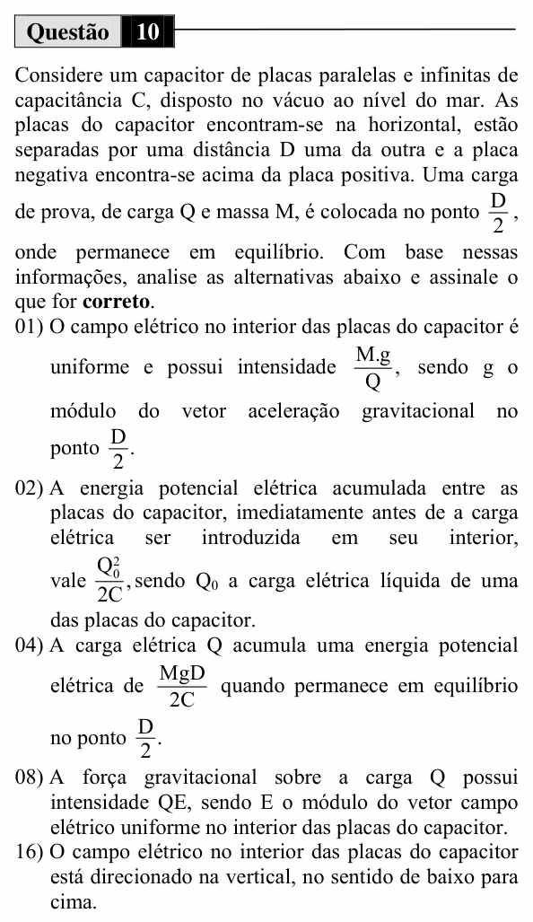 Enunciado da questão 10 de Física do UEM 2014 (Inverno, Conhecimentos Específicos)