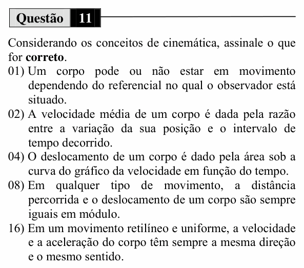 Enunciado da questão 11 de Física do UEM 2014 (Inverno, Conhecimentos Específicos)