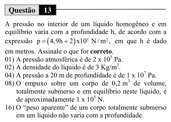 Enunciado da questão 13 de Física do UEM 2014 (Inverno, Conhecimentos Específicos)