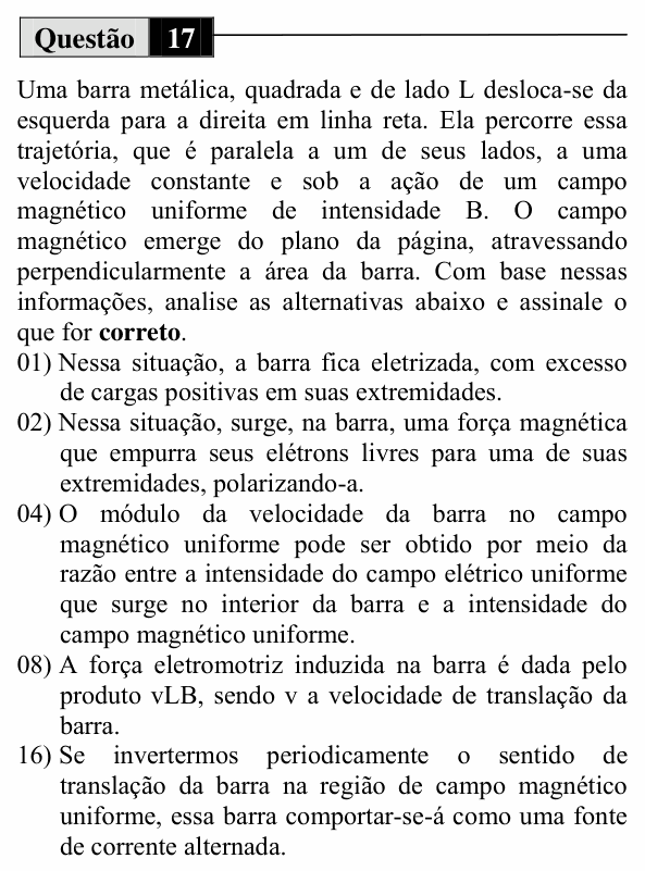 Enunciado da questão 17 de Física do UEM 2014 (Inverno, Conhecimentos Específicos)