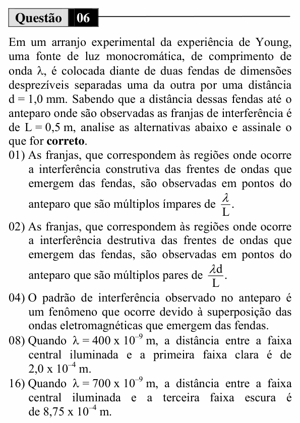 Enunciado da questão 6 de Física do UEM 2014 (Inverno, Conhecimentos Específicos)