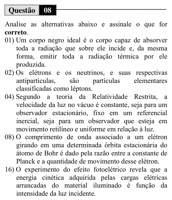 Enunciado da questão 8 de Física do UEM 2014 (Inverno, Conhecimentos Específicos)