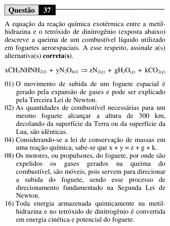 Enunciado da questão 37 de Física do UEM 2014 (Inverno)