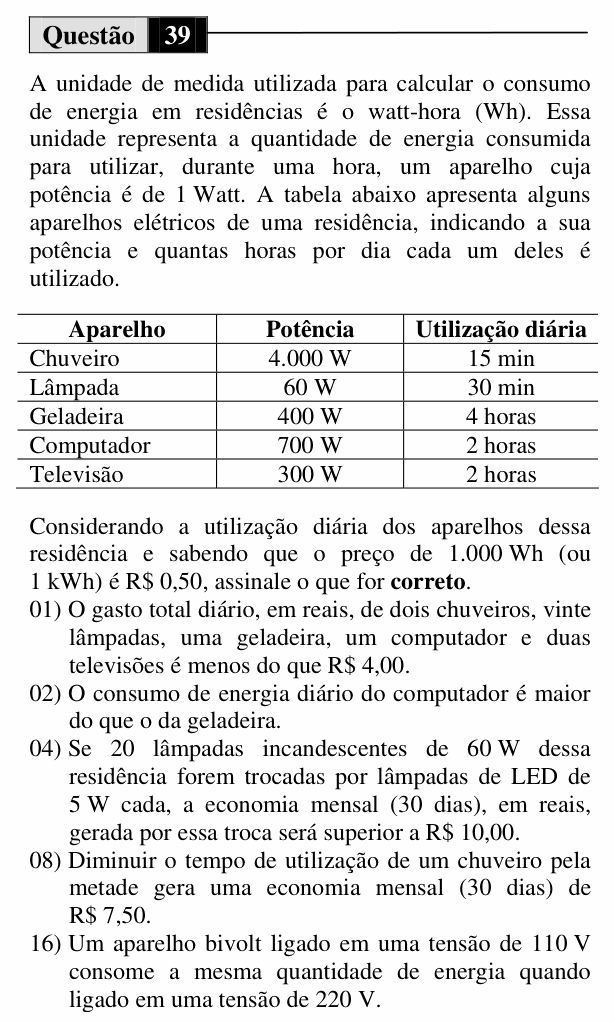 Enunciado da questão 39 de Física do UEM 2014 (Inverno)