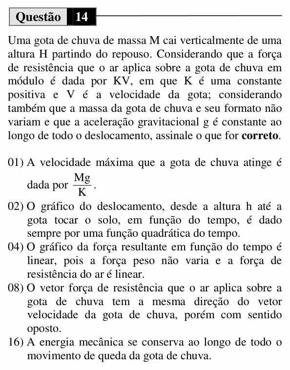Enunciado da questão 14 de Física do UEM 2014 (Verão, Conhecimentos Específicos)