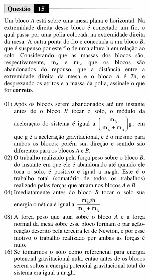 Enunciado da questão 15 de Física do UEM 2014 (Verão, Conhecimentos Específicos)