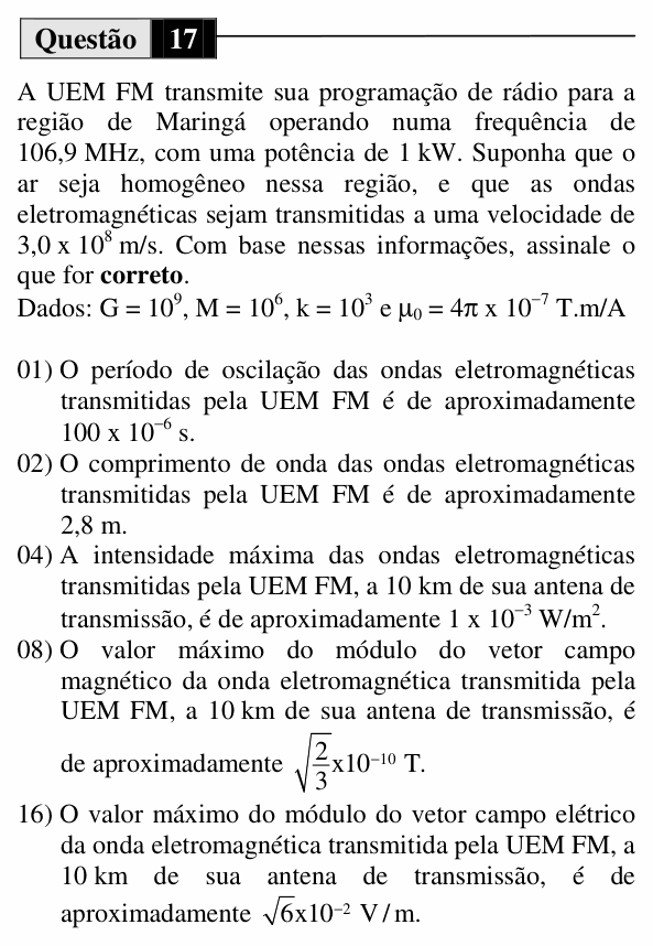 Enunciado da questão 17 de Física do UEM 2014 (Verão, Conhecimentos Específicos)