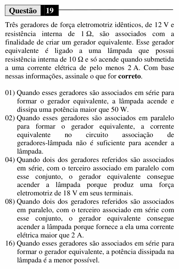 Enunciado da questão 19 de Física do UEM 2014 (Verão, Conhecimentos Específicos)