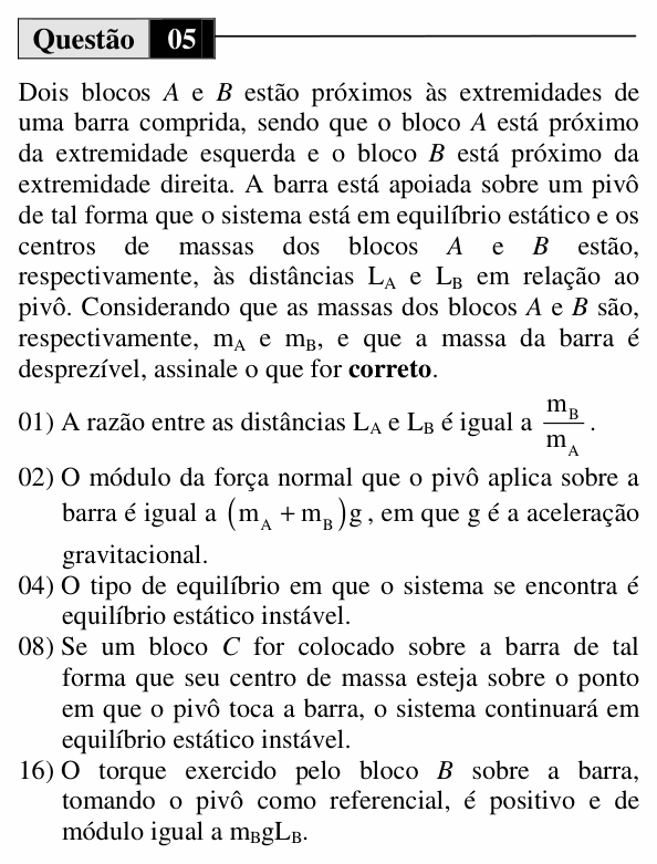 Enunciado da questão 5 de Física do UEM 2014 (Verão, Conhecimentos Específicos)