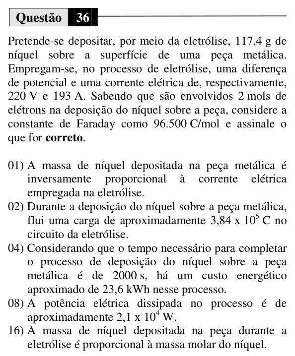 Enunciado da questão 36 de Física do UEM 2014 (Verão)