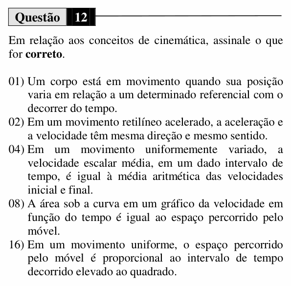 Enunciado da questão 12 de Física do UEM 2015 (Inverno, Conhecimentos Específicos)