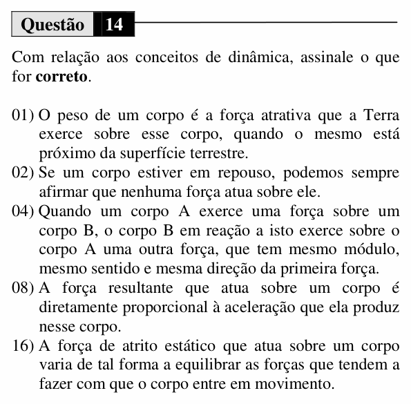 Enunciado da questão 14 de Física do UEM 2015 (Inverno, Conhecimentos Específicos)