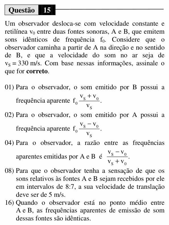 Enunciado da questão 15 de Física do UEM 2015 (Inverno, Conhecimentos Específicos)