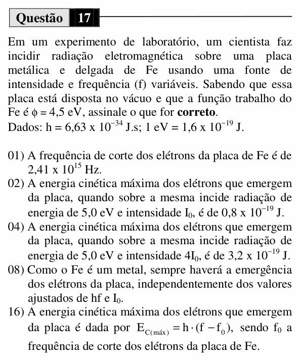 Enunciado da questão 17 de Física do UEM 2015 (Inverno, Conhecimentos Específicos)