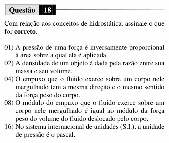 Enunciado da questão 18 de Física do UEM 2015 (Inverno, Conhecimentos Específicos)