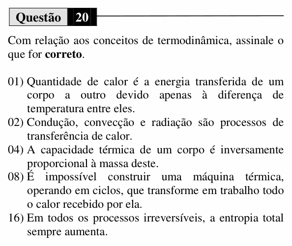 Enunciado da questão 20 de Física do UEM 2015 (Inverno, Conhecimentos Específicos)