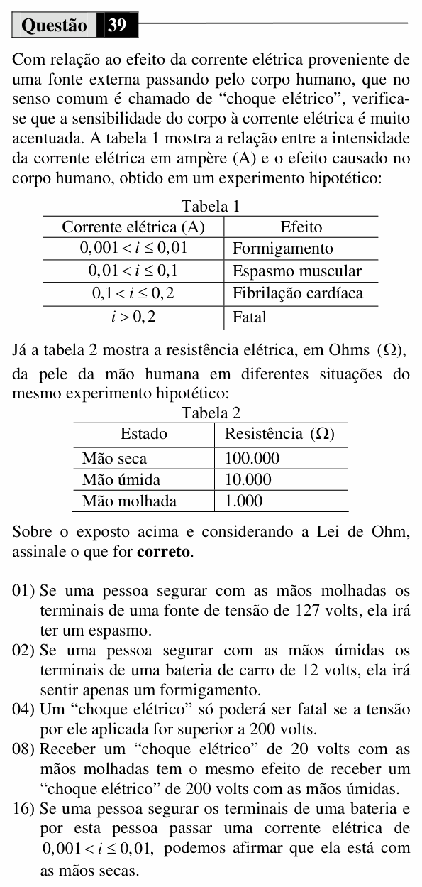Enunciado da questão 39 de Física do UEM 2015 (Inverno)