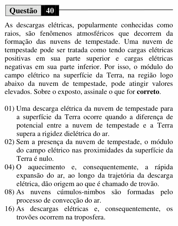 Enunciado da questão 40 de Física do UEM 2015 (Inverno)